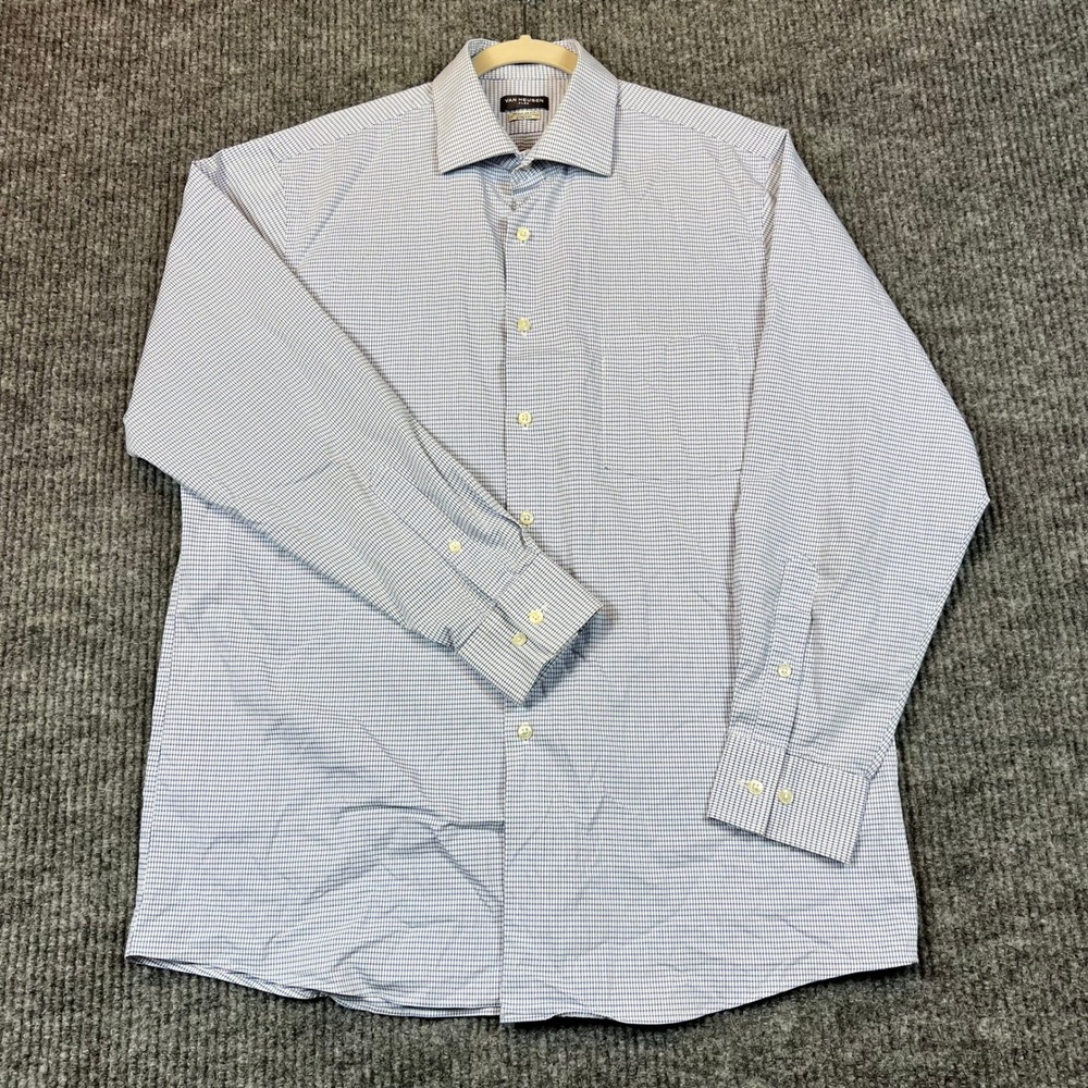 Van Heusen Dress Shirt Cotton Blend Flex Regular Fit Blue White Check 16 32/33 L